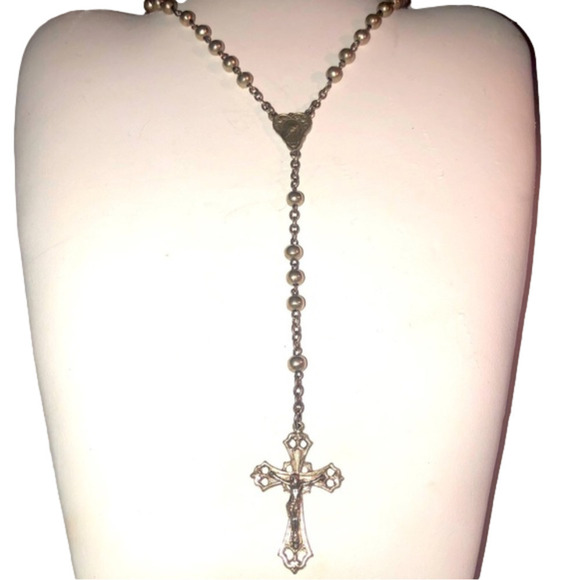 Antique 800 Silver Catholic Rosary Crucifix Virgin Mary 18” Chain w 4.8” Drop - Picture 1 of 9